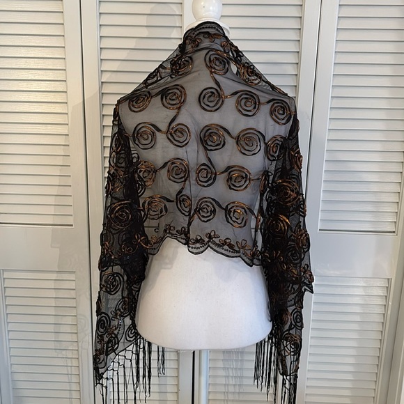 Black Sheer Shawl Wrap Bronze Appliqué Circular Pattern and Fringe Scarf 20x63” - Picture 2 of 12